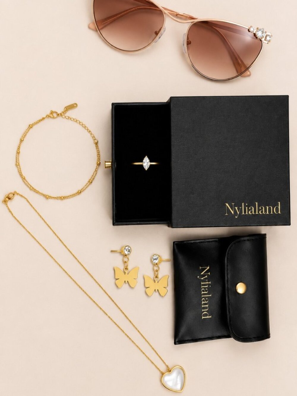 Swarovski Cat Eye Sunglasses & Nylialand Gold Heart & Butterfly Set